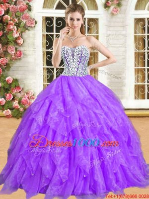 New Style Purple Sleeveless Floor Length Beading and Ruffles Lace Up Sweet 16 Quinceanera Dress