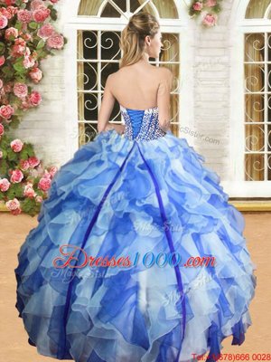 Beading and Ruffles 15 Quinceanera Dress Blue And White Lace Up Sleeveless Floor Length