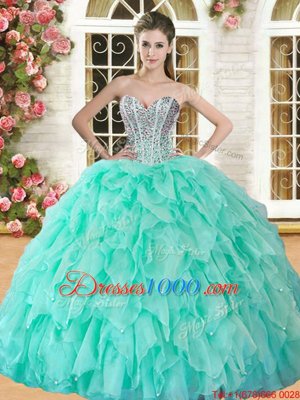 Coral Red Lace Up Quinceanera Dress Beading and Ruffles Sleeveless Floor Length