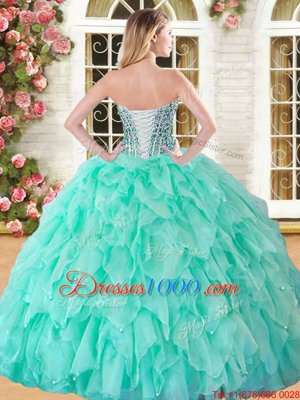 Coral Red Lace Up Quinceanera Dress Beading and Ruffles Sleeveless Floor Length