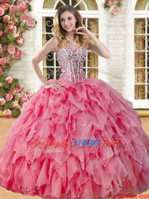 Coral Red Lace Up Quinceanera Dress Beading and Ruffles Sleeveless Floor Length