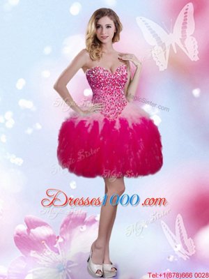 Hot Pink Sleeveless Mini Length Beading and Ruffles Lace Up Club Wear
