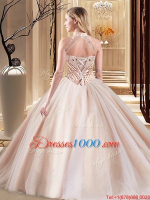 Pretty Halter Top Tulle Sleeveless With Train Quince Ball Gowns Brush Train and Beading