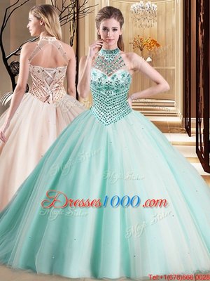 Excellent Halter Top Aqua Blue Sleeveless With Train Beading Lace Up Quince Ball Gowns