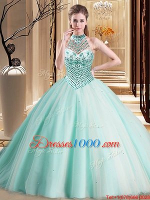 Excellent Halter Top Aqua Blue Sleeveless With Train Beading Lace Up Quince Ball Gowns