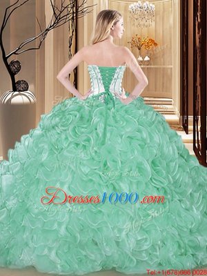 Lavender Organza Lace Up Strapless Sleeveless Floor Length Quince Ball Gowns Embroidery and Ruffles