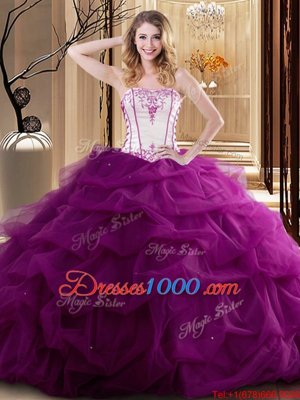 Fuchsia Vestidos de Quinceanera Military Ball and Sweet 16 and Quinceanera and For with Embroidery and Ruffled Layers Strapless Sleeveless Lace Up