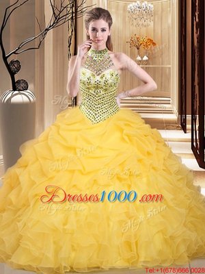 New Arrival Halter Top Floor Length Lace Up Ball Gown Prom Dress Yellow and In for Military Ball and Sweet 16 and Quinceanera with Beading and Ruffles and Pick Ups