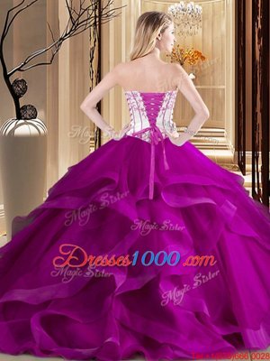 Modest Green and Fuchsia Tulle Lace Up Strapless Sleeveless Floor Length Quinceanera Gowns Embroidery