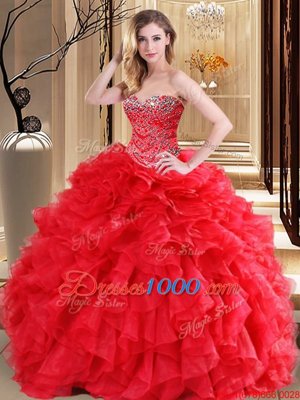 Ideal Red Quinceanera Dress Military Ball and Sweet 16 and Quinceanera and For with Beading and Ruffles Sweetheart Sleeveless Lace Up