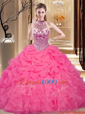 Halter Top Hot Pink Sleeveless Floor Length Beading and Ruffles and Pick Ups Lace Up Quince Ball Gowns