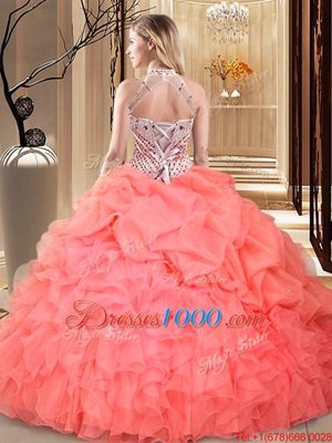 Halter Top Hot Pink Sleeveless Floor Length Beading and Ruffles and Pick Ups Lace Up Quince Ball Gowns