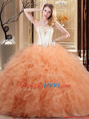 Wonderful Orange Strapless Lace Up Embroidery and Ruffled Layers Sweet 16 Dresses Sleeveless