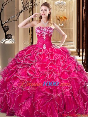 Hot Pink Sweetheart Neckline Embroidery and Ruffles Quince Ball Gowns Sleeveless Lace Up