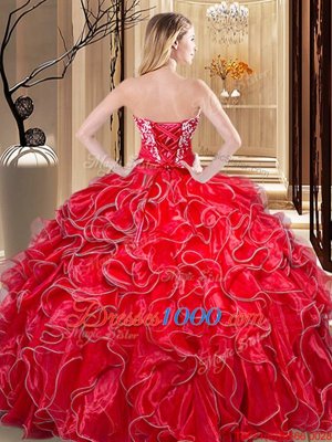 Hot Pink Sweetheart Neckline Embroidery and Ruffles Quince Ball Gowns Sleeveless Lace Up