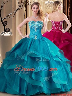 Comfortable Sleeveless Tulle Floor Length Lace Up Quinceanera Dresses in Teal for with Embroidery and Ruffles