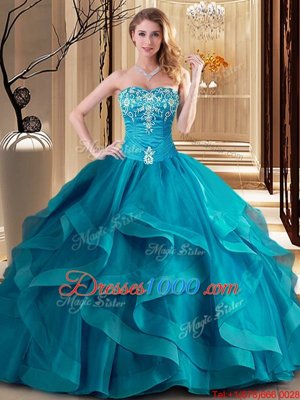 Comfortable Sleeveless Tulle Floor Length Lace Up Quinceanera Dresses in Teal for with Embroidery and Ruffles