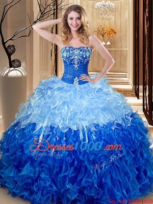 Flare Multi-color and Blue And White Quinceanera Gowns Military Ball and Sweet 16 and Quinceanera and For with Embroidery and Ruffles Sweetheart Sleeveless Lace Up