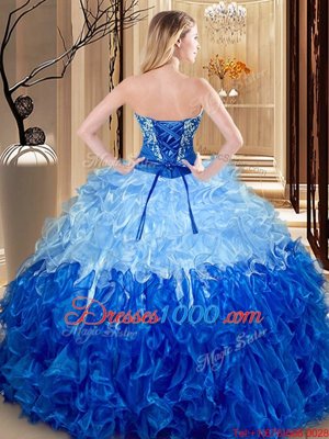 Flare Multi-color and Blue And White Quinceanera Gowns Military Ball and Sweet 16 and Quinceanera and For with Embroidery and Ruffles Sweetheart Sleeveless Lace Up