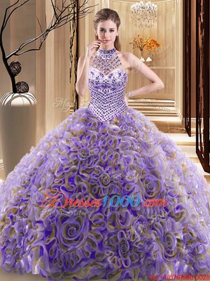Multi-color Ball Gowns Halter Top Sleeveless Fabric With Rolling Flowers With Brush Train Lace Up Beading Quinceanera Dress