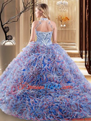 Multi-color Ball Gowns Halter Top Sleeveless Fabric With Rolling Flowers With Brush Train Lace Up Beading Quinceanera Dress