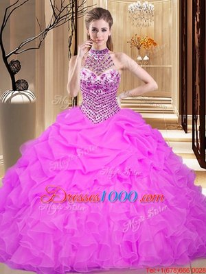 Cute Halter Top Lilac Lace Up Quinceanera Dresses Beading and Ruffles and Pick Ups Sleeveless Floor Length