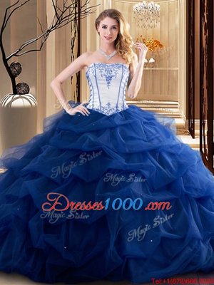 Pretty Strapless Sleeveless Tulle Sweet 16 Quinceanera Dress Embroidery and Ruffled Layers Lace Up