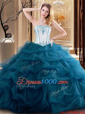 Pretty Strapless Sleeveless Tulle Sweet 16 Quinceanera Dress Embroidery and Ruffled Layers Lace Up