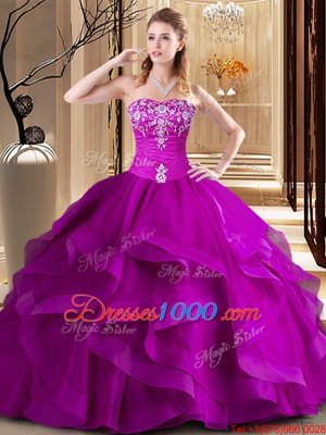 Unique Fuchsia Sleeveless Floor Length Embroidery and Ruffles Lace Up 15th Birthday Dress