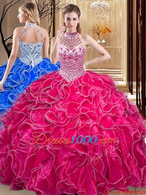 Comfortable Hot Pink Sweet 16 Dresses Military Ball and Sweet 16 and Quinceanera and For with Beading and Ruffles Halter Top Sleeveless Lace Up
