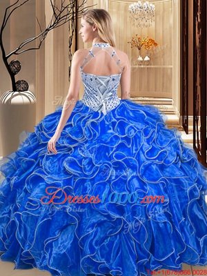 Halter Top Royal Blue Lace Up Quinceanera Dress Beading and Ruffles Sleeveless Floor Length