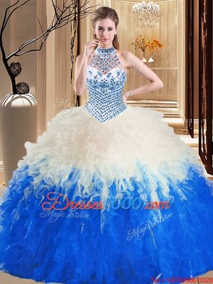 Halter Top Blue And White Sleeveless Beading and Ruffles Floor Length Sweet 16 Dresses