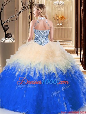 Halter Top Blue And White Sleeveless Beading and Ruffles Floor Length Sweet 16 Dresses