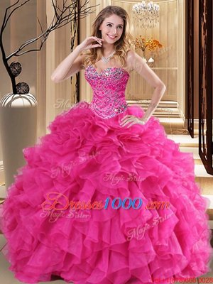 Fitting Organza Sweetheart Sleeveless Lace Up Beading and Ruffles Ball Gown Prom Dress in Hot Pink