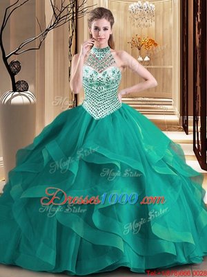 Halter Top Dark Green Sleeveless With Train Beading and Ruffles Lace Up Sweet 16 Quinceanera Dress