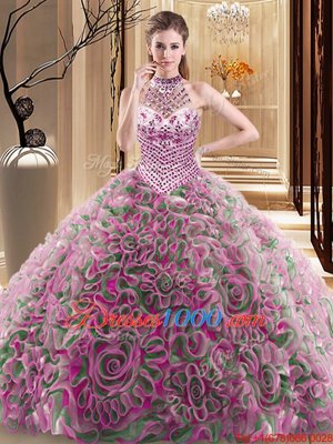 Modern With Train Multi-color Quinceanera Dresses Halter Top Sleeveless Brush Train Lace Up