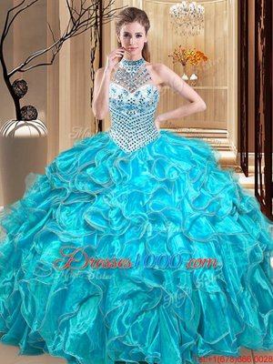 Cute Halter Top Sleeveless Organza Quinceanera Gowns Beading and Ruffles Lace Up