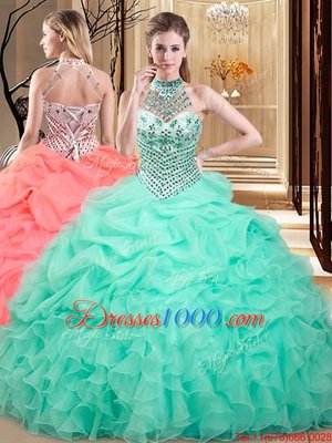 Free and Easy Apple Green Halter Top Neckline Beading and Ruffles and Pick Ups 15th Birthday Dress Sleeveless Lace Up