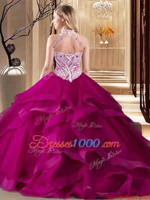 Fashionable Brush Train Ball Gowns 15 Quinceanera Dress Fuchsia Halter Top Tulle Sleeveless With Train Lace Up