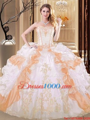 Decent Ruffled Strapless Sleeveless Lace Up Quinceanera Gowns White and Yellow Organza