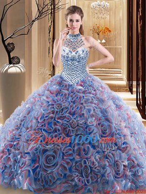 Halter Top With Train Multi-color Quinceanera Gown Fabric With Rolling Flowers Brush Train Sleeveless Beading