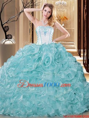 On Sale Ball Gowns Quinceanera Gowns Blue And White Strapless Organza Sleeveless Floor Length Lace Up