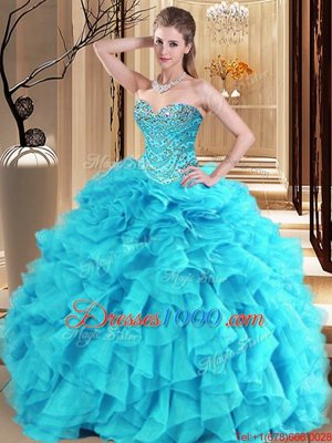 Ball Gowns 15 Quinceanera Dress Aqua Blue and Turquoise Sweetheart Organza Sleeveless Floor Length Lace Up