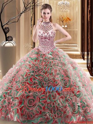 Halter Top Multi-color Sleeveless With Train Beading Lace Up Quinceanera Dresses