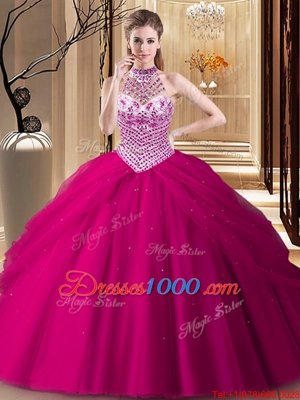 Free and Easy Halter Top With Train Fuchsia 15th Birthday Dress Tulle Brush Train Sleeveless Beading and Pick Ups