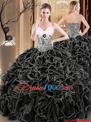 Charming Organza Sweetheart Sleeveless Lace Up Ruffles and Pattern 15 Quinceanera Dress in Black