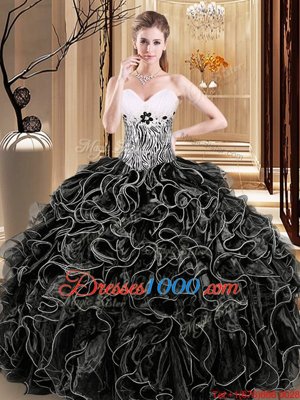 Charming Organza Sweetheart Sleeveless Lace Up Ruffles and Pattern 15 Quinceanera Dress in Black