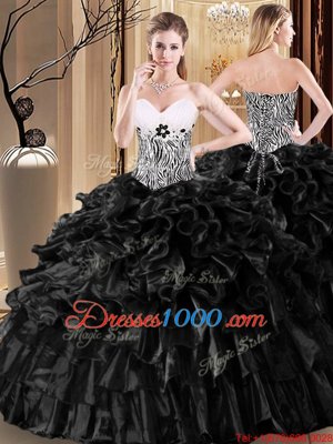 Charming Sleeveless Floor Length Ruffles and Pattern Lace Up Quinceanera Dress with Black