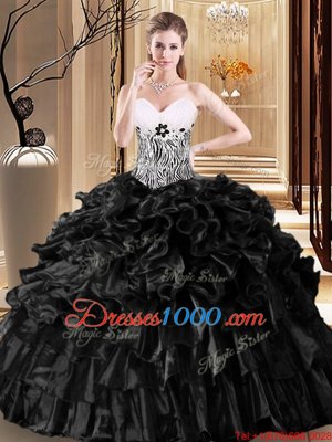 Charming Sleeveless Floor Length Ruffles and Pattern Lace Up Quinceanera Dress with Black