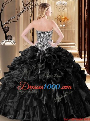 Charming Sleeveless Floor Length Ruffles and Pattern Lace Up Quinceanera Dress with Black